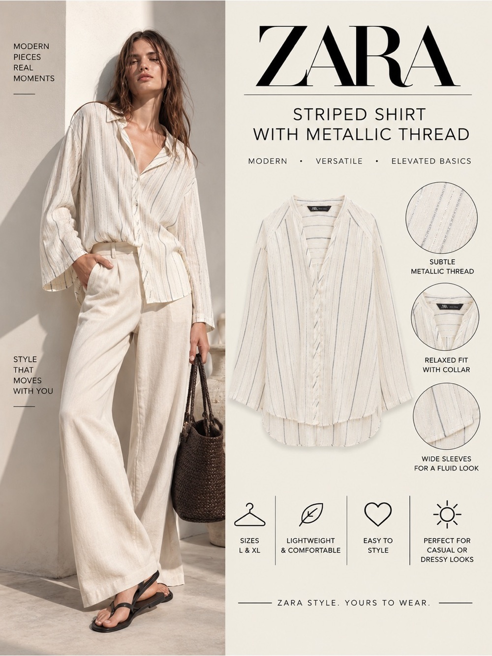 ZARA Cream Silver Metallic Thread Striped Oversized Shirt L XL NWT 3108/907